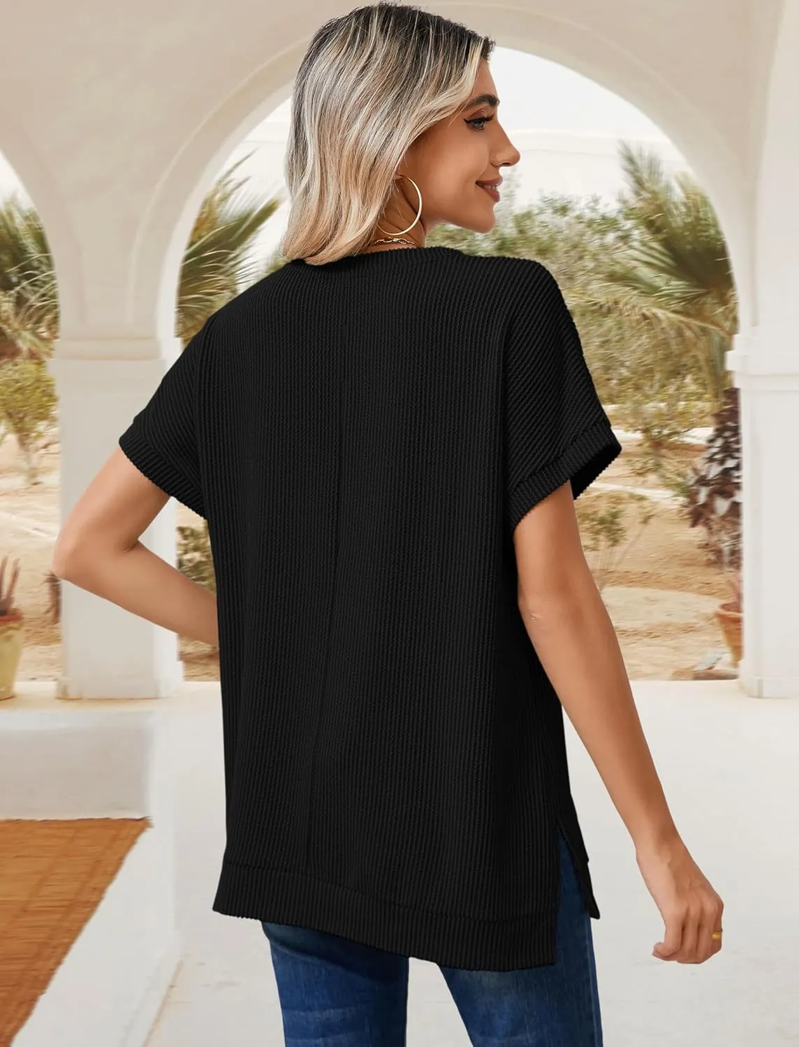 Sherosa Womens Casual Short Sleeve Texture Knit Tunic Tops Solid Color Oversized T Shirts with Side Split