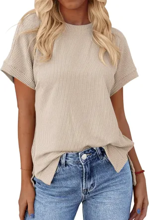 Sherosa Womens Casual Short Sleeve Texture Knit Tunic Tops Solid Color Oversized T Shirts with Side Split