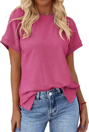 Sherosa Womens Casual Short Sleeve Texture Knit Tunic Tops Solid Color Oversized T Shirts with Side Split