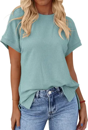 Sherosa Womens Casual Short Sleeve Texture Knit Tunic Tops Solid Color Oversized T Shirts with Side Split