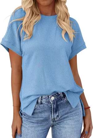 Sherosa Womens Casual Short Sleeve Texture Knit Tunic Tops Solid Color Oversized T Shirts with Side Split