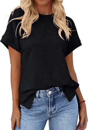 Sherosa Womens Casual Short Sleeve Texture Knit Tunic Tops Solid Color Oversized T Shirts with Side Split