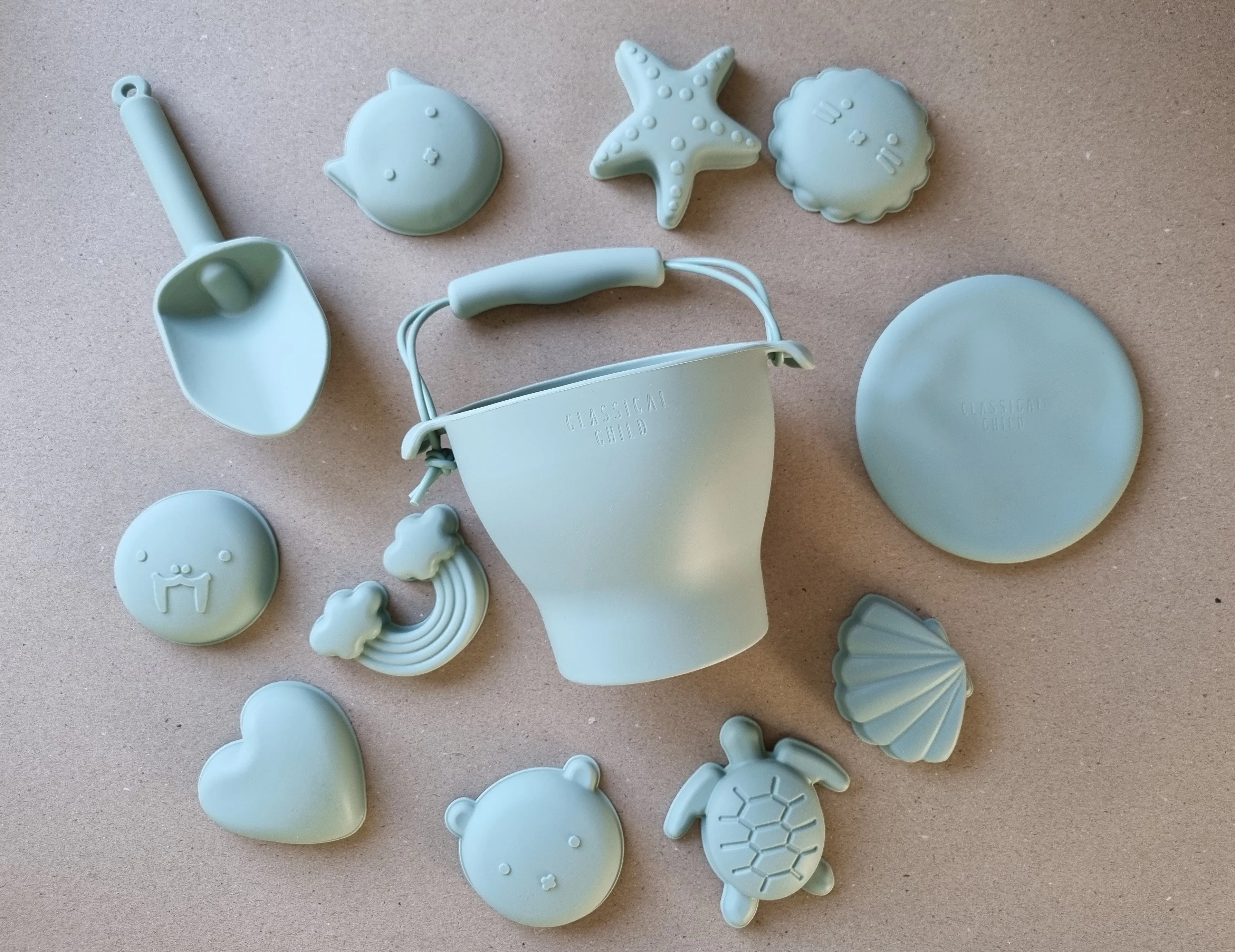 Silicone Sage Green 12 Piece Beach Bucket & Toys Set