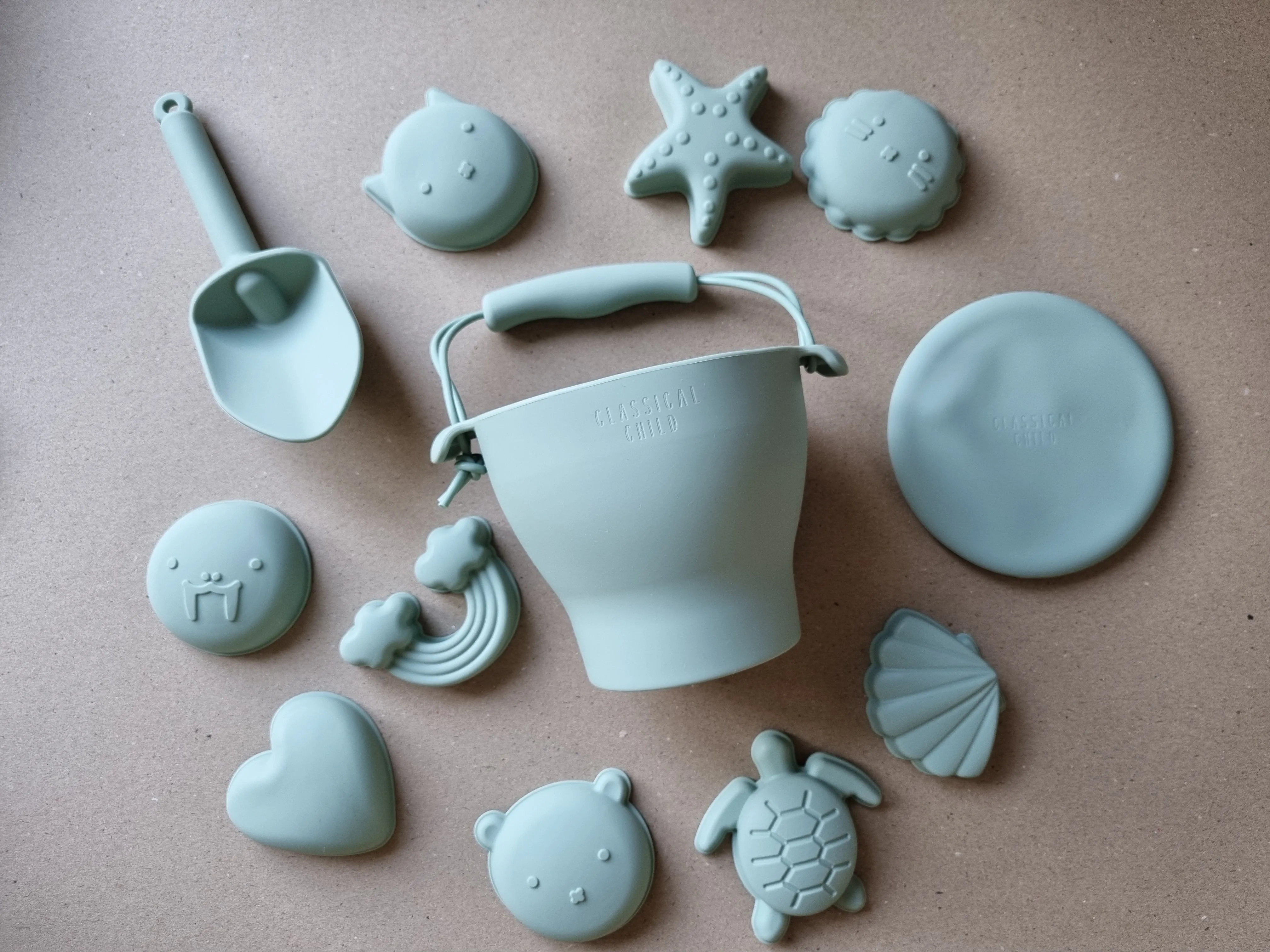 Silicone Sage Green 12 Piece Beach Bucket & Toys Set