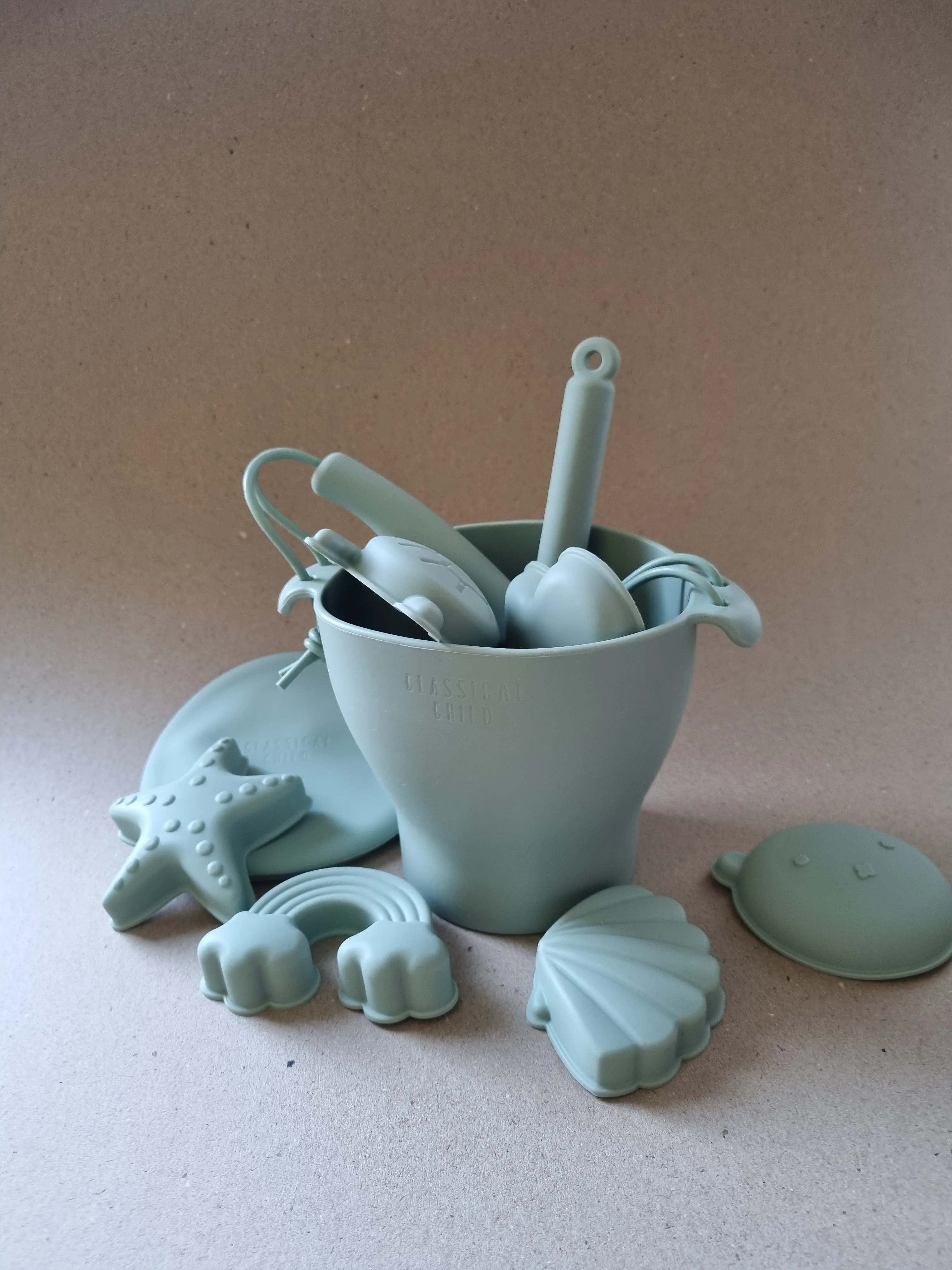 Silicone Sage Green 12 Piece Beach Bucket & Toys Set