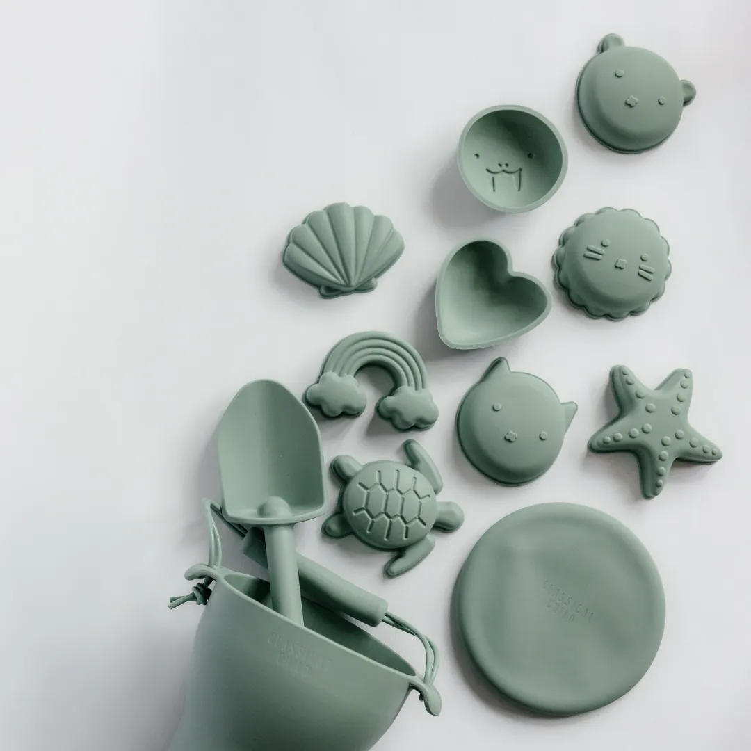 Silicone Sage Green 12 Piece Beach Bucket & Toys Set