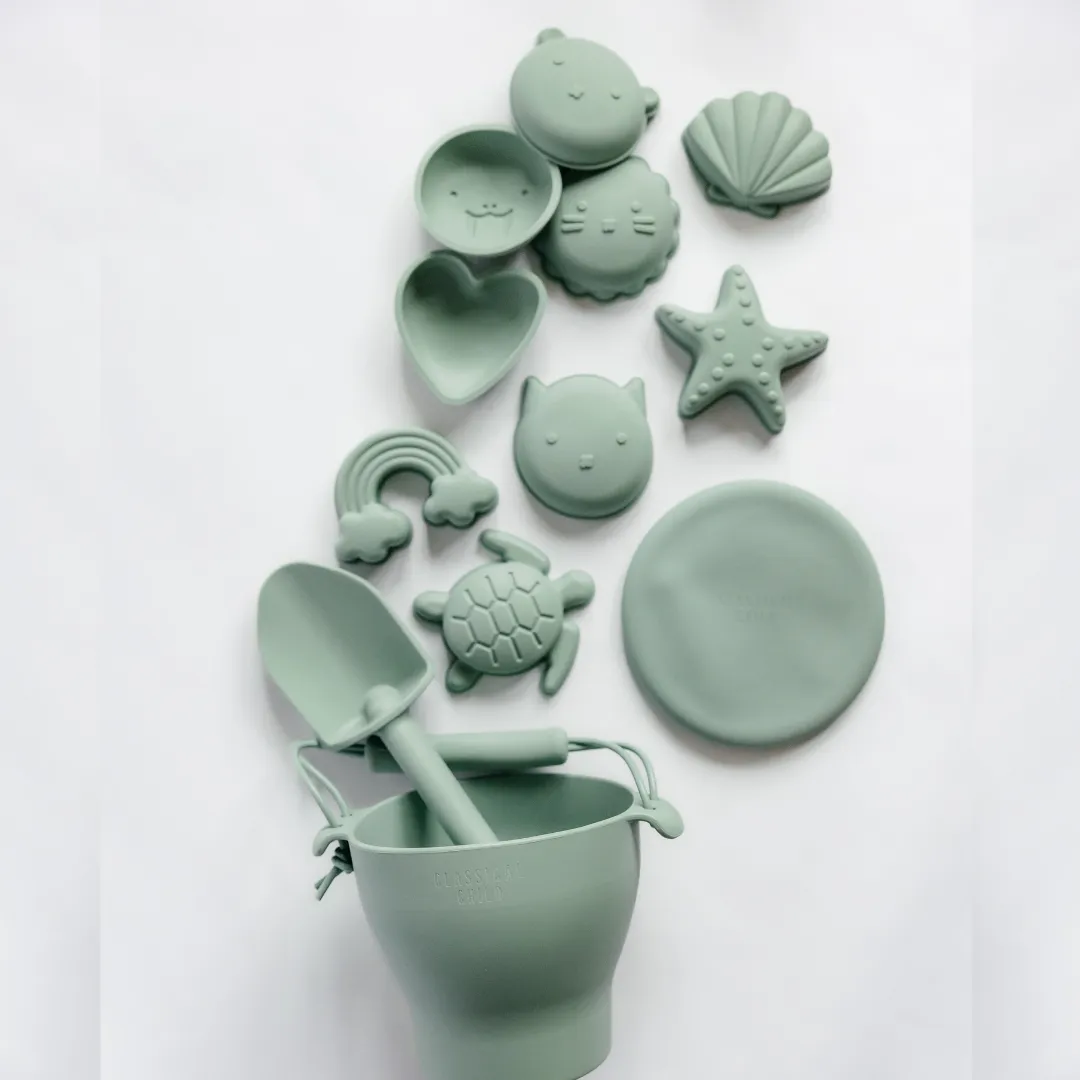 Silicone Sage Green 12 Piece Beach Bucket & Toys Set