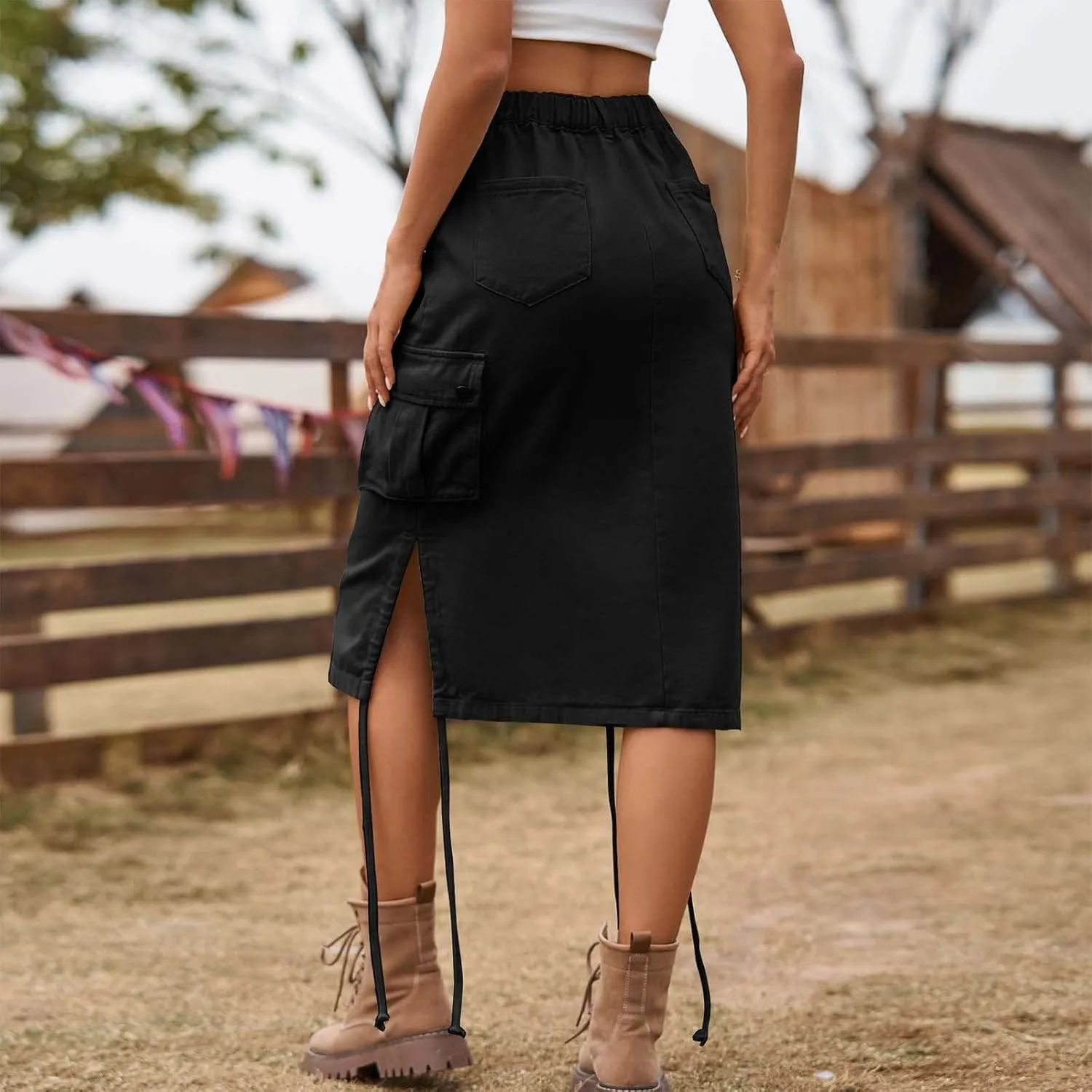 Skirts for Women Midi Length Side Split Tie Multi Pockets Cargo Skirt Summer Causal Loose Buttons Midi Skirts 2024