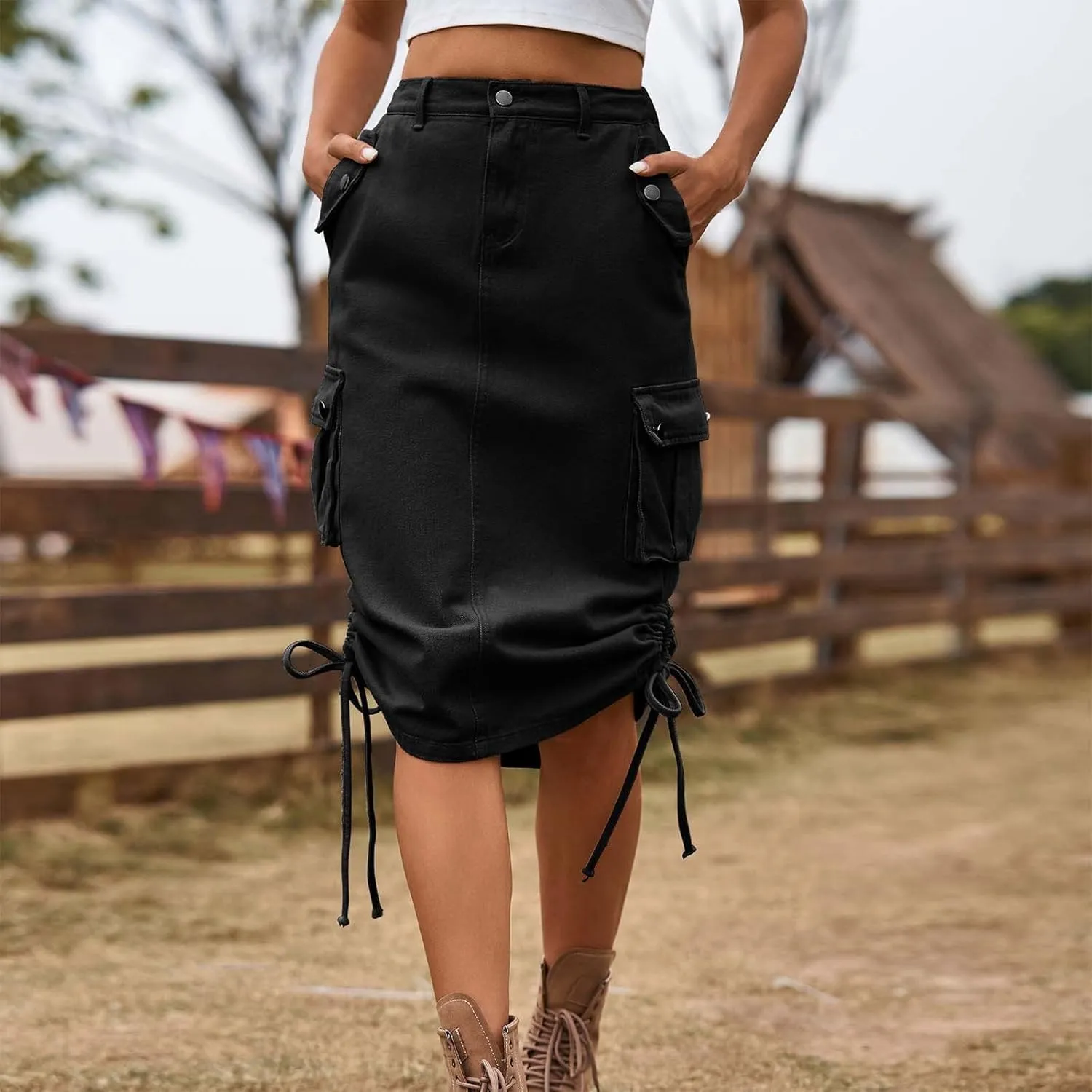 Skirts for Women Midi Length Side Split Tie Multi Pockets Cargo Skirt Summer Causal Loose Buttons Midi Skirts 2024