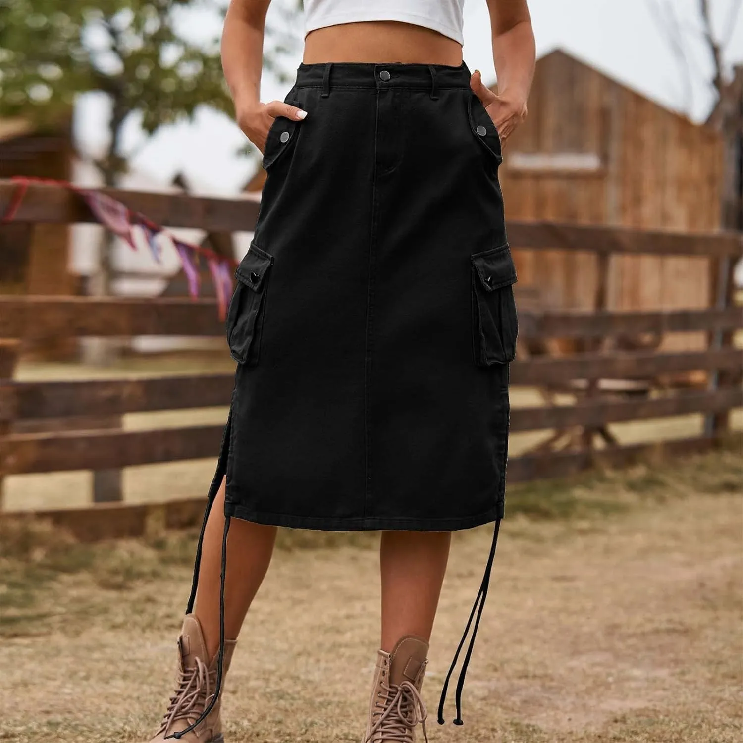 Skirts for Women Midi Length Side Split Tie Multi Pockets Cargo Skirt Summer Causal Loose Buttons Midi Skirts 2024