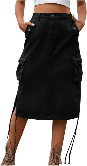 Skirts for Women Midi Length Side Split Tie Multi Pockets Cargo Skirt Summer Causal Loose Buttons Midi Skirts 2024