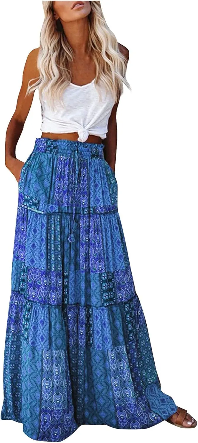Skirts for Women Summer Casual Elastic High Waist Floral Paisley Boho Long Maxi
