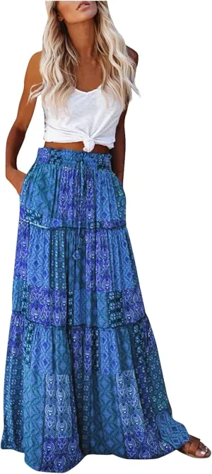 Skirts for Women Summer Casual Elastic High Waist Floral Paisley Boho Long Maxi