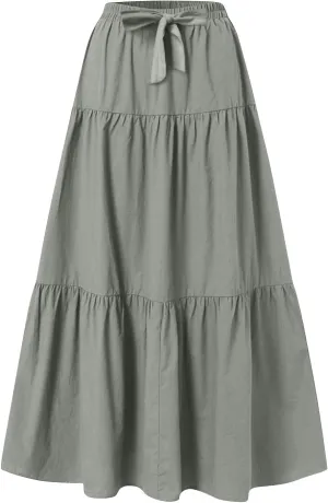 Skirts for Women Trendy Ruffled Summer Plain Color Retro Pleated Skirts Flowy Casual Long Skirt