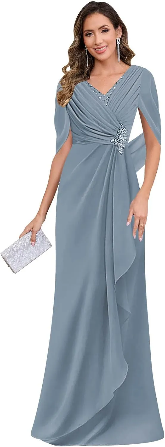 SOLODISH Mother of The Bride Dresses for Wedding Lace Chiffon Formal Evening Party Dress with Cape