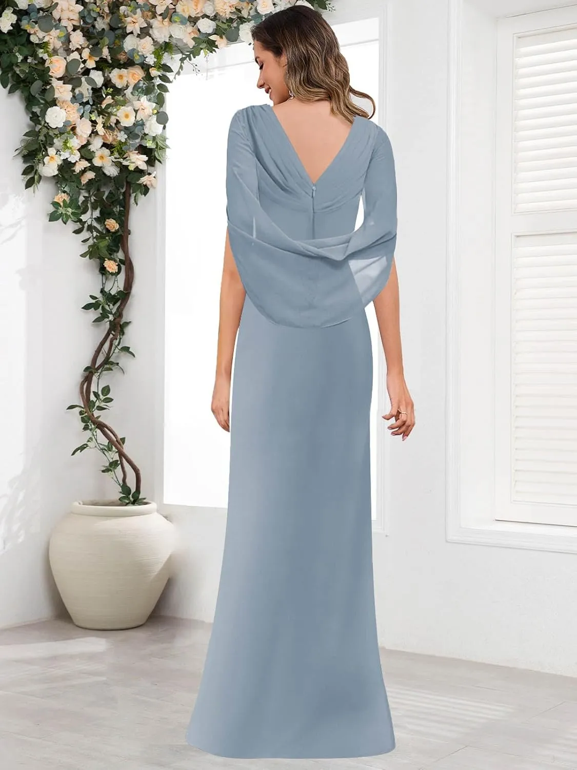 SOLODISH Mother of The Bride Dresses for Wedding Lace Chiffon Formal Evening Party Dress with Cape