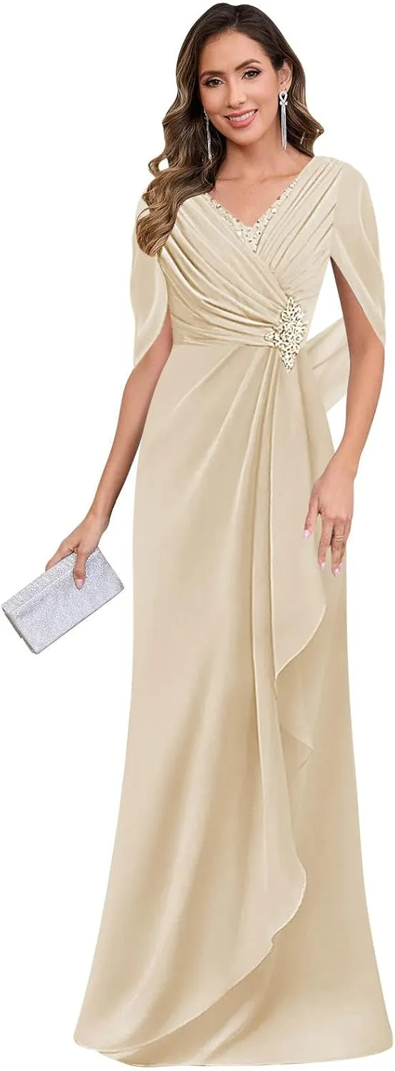 SOLODISH Mother of The Bride Dresses for Wedding Lace Chiffon Formal Evening Party Dress with Cape