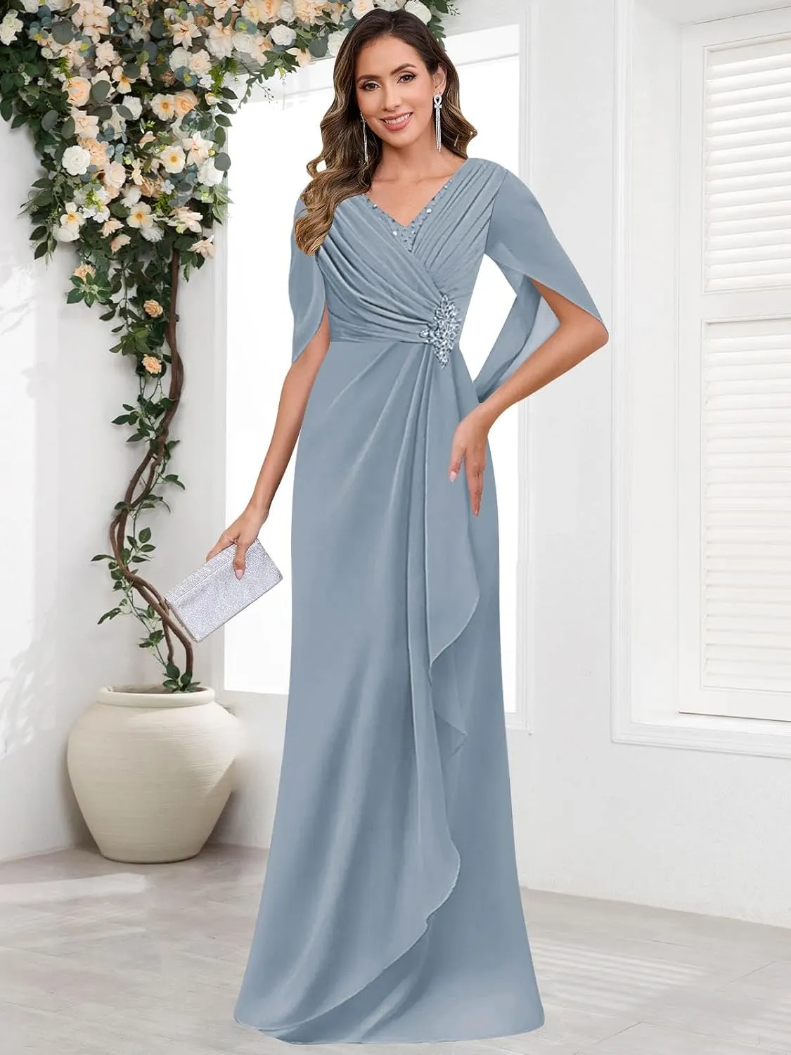 SOLODISH Mother of The Bride Dresses for Wedding Lace Chiffon Formal Evening Party Dress with Cape