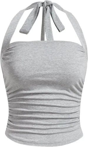 SOLY HUX Women's Ruched Halter Y2K Crop Tops Tie Back Sleeveless Slim Fit Cami Tops