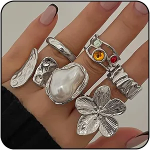 Sora Tuki Chunky Silver Rings for Women Statement Gold Rings Set Non Tarnish Pearl Flower Rings for Women Stackable Knuckle Ring Chunky Jewelry