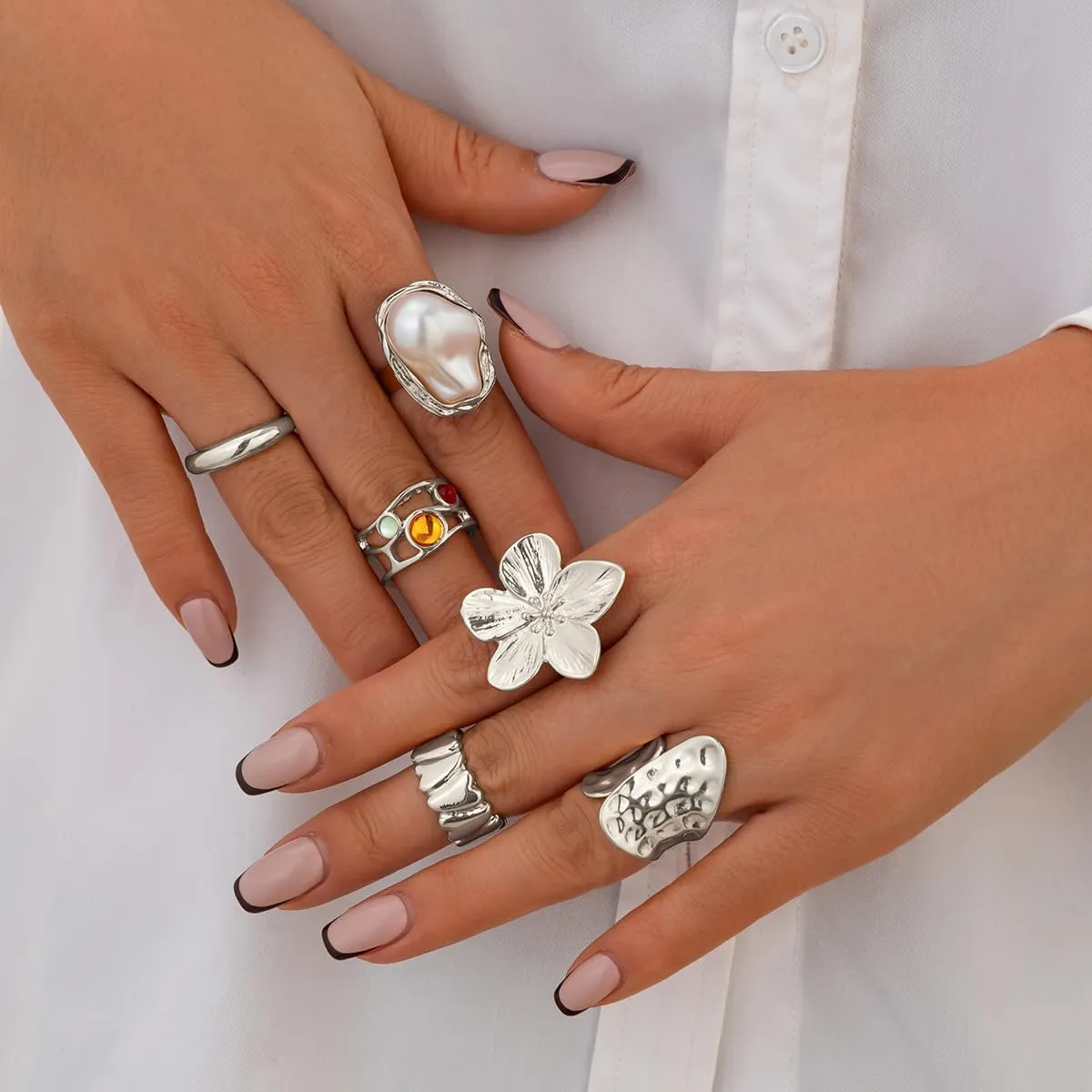 Sora Tuki Chunky Silver Rings for Women Statement Gold Rings Set Non Tarnish Pearl Flower Rings for Women Stackable Knuckle Ring Chunky Jewelry