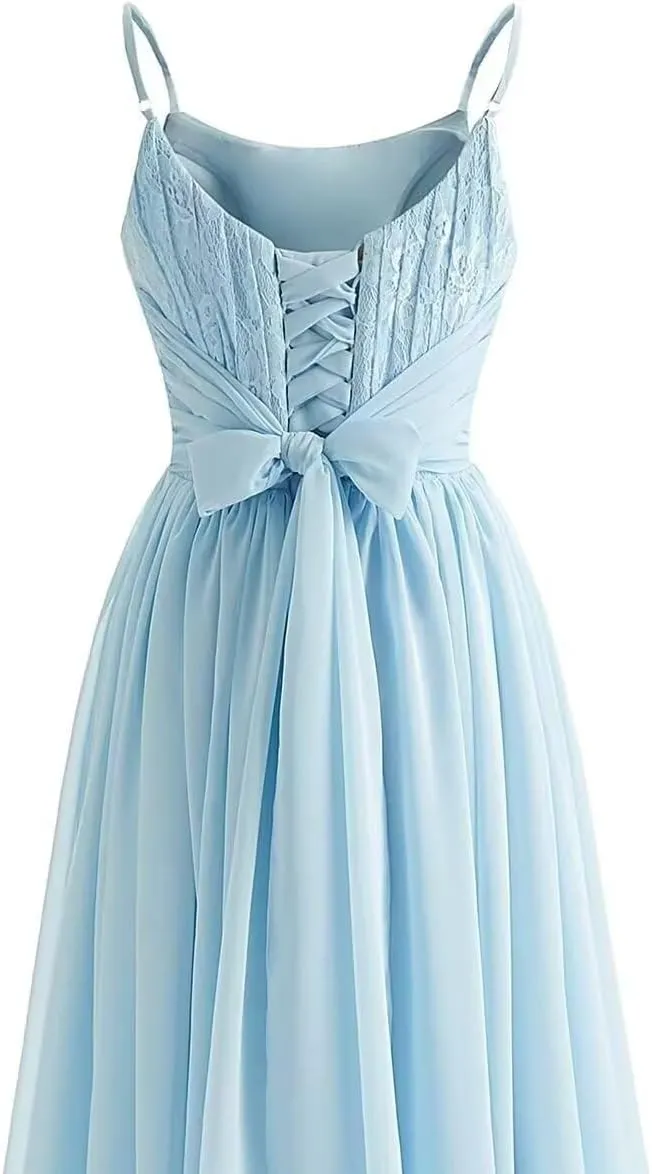 Spaghetti Strap Chiffon Bridesmaid Dresses for Women Long Lace Ruched Prom Dress A-line Formal Evening Party Gown