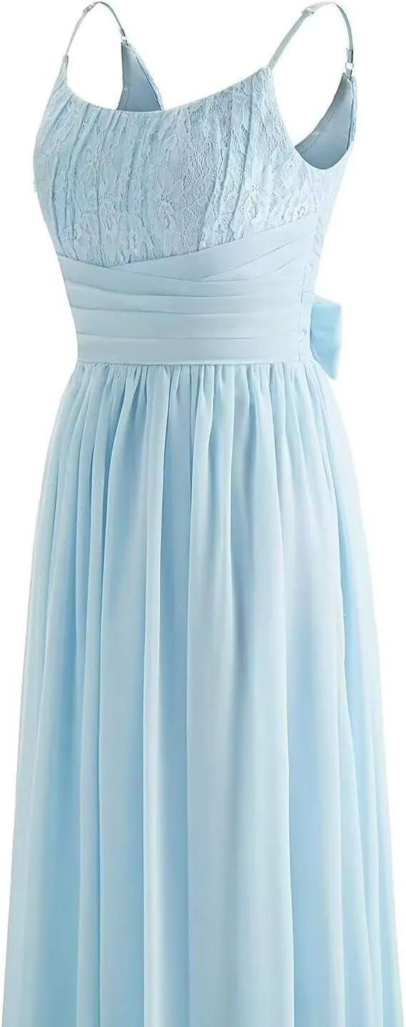 Spaghetti Strap Chiffon Bridesmaid Dresses for Women Long Lace Ruched Prom Dress A-line Formal Evening Party Gown