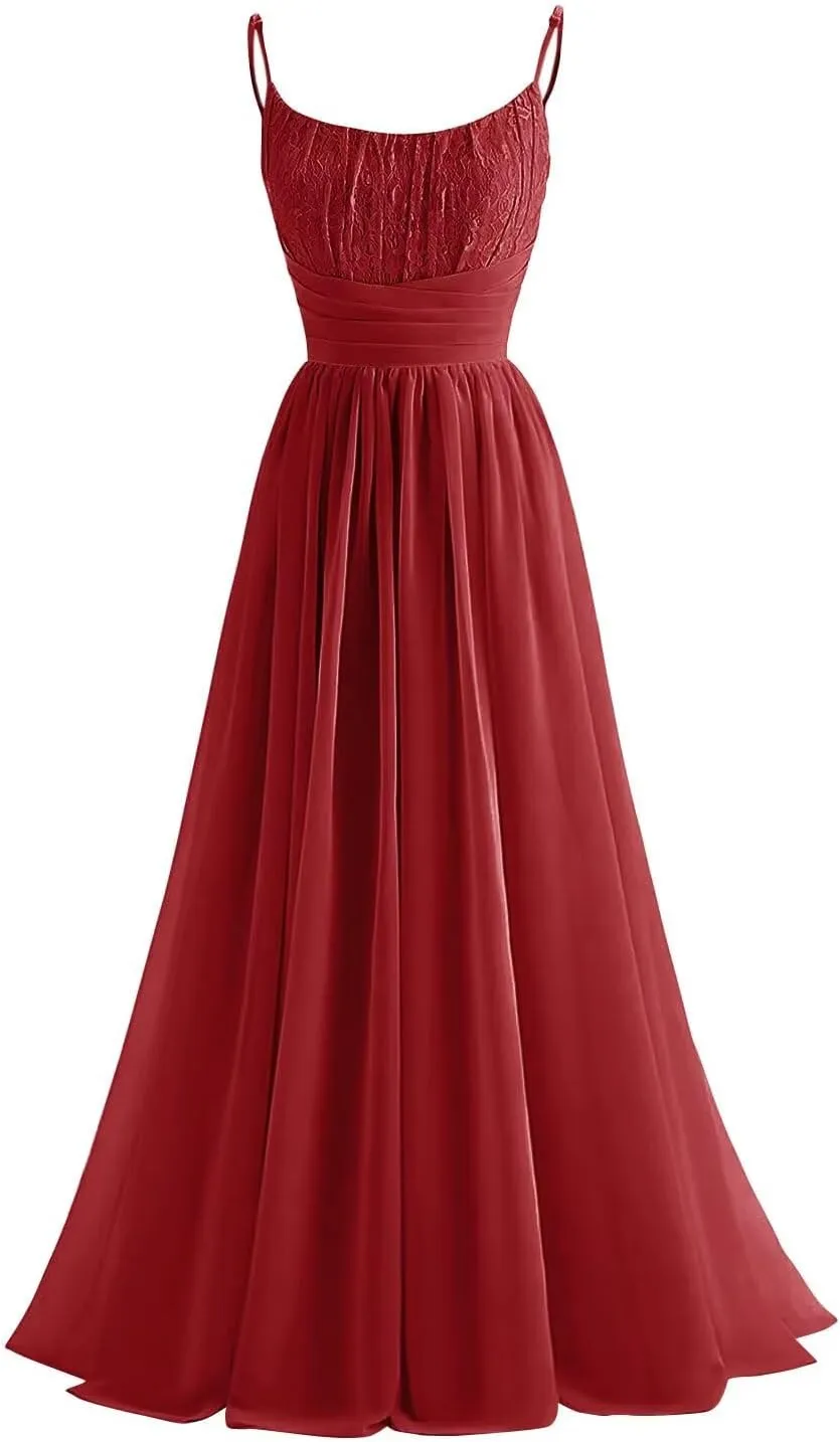 Spaghetti Strap Chiffon Bridesmaid Dresses for Women Long Lace Ruched Prom Dress A-line Formal Evening Party Gown