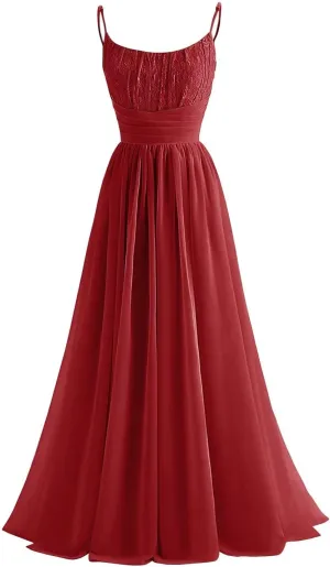 Spaghetti Strap Chiffon Bridesmaid Dresses for Women Long Lace Ruched Prom Dress A-line Formal Evening Party Gown