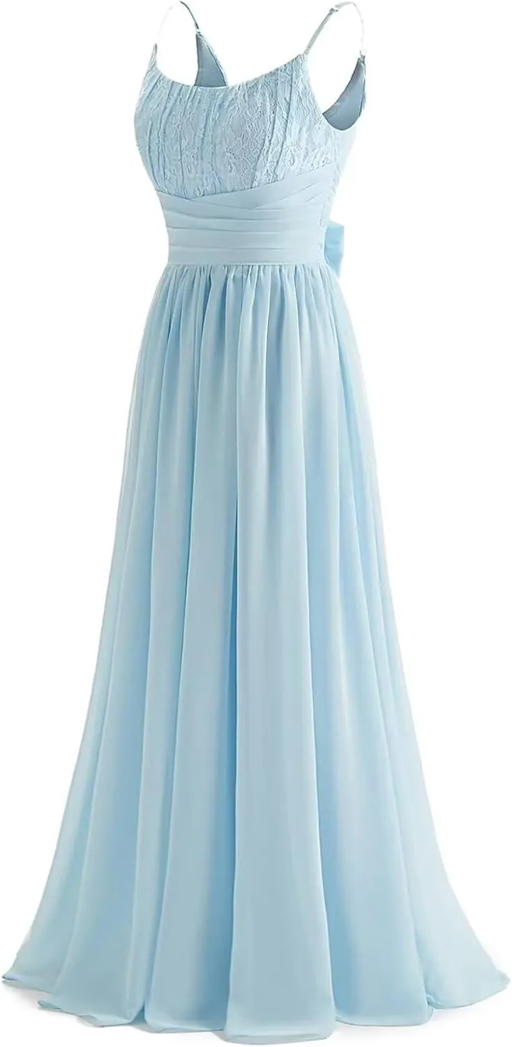Spaghetti Strap Chiffon Bridesmaid Dresses for Women Long Lace Ruched Prom Dress A-line Formal Evening Party Gown