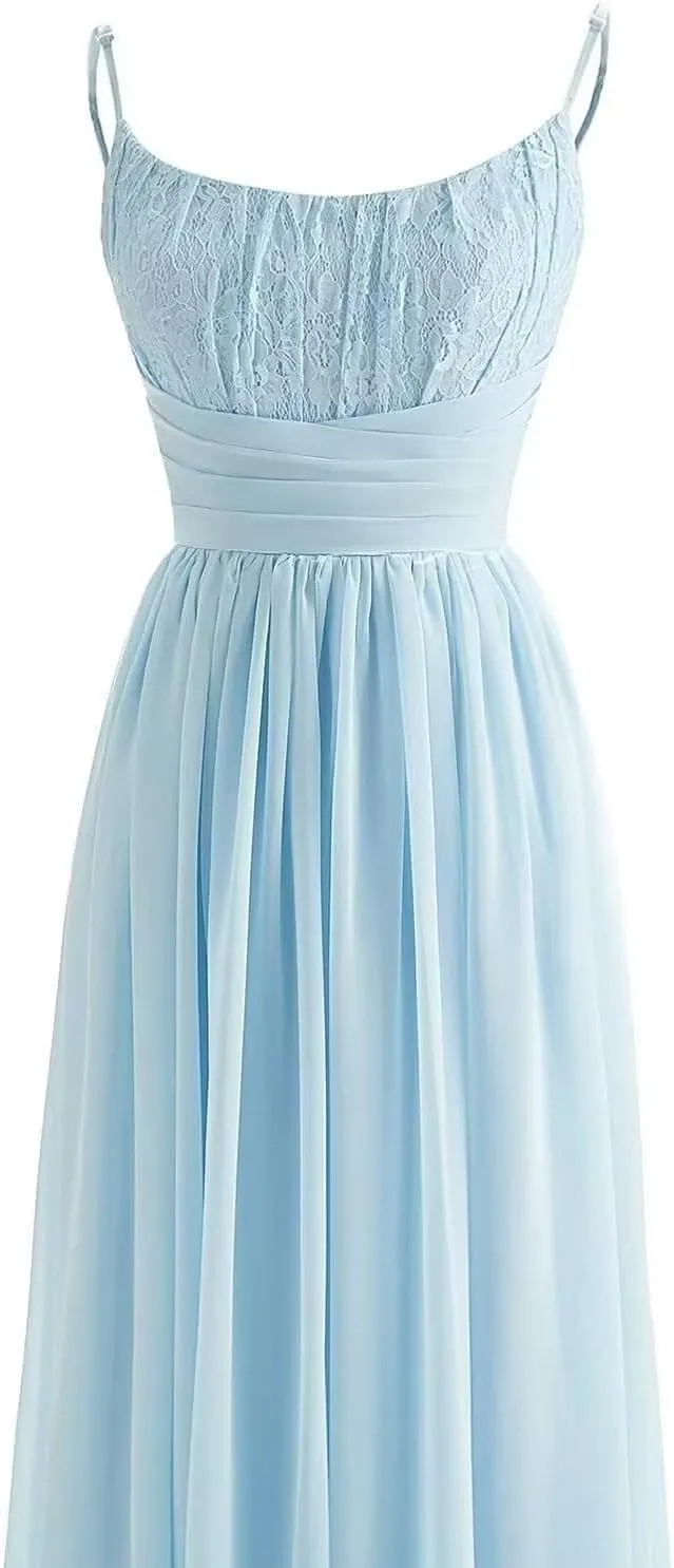 Spaghetti Strap Chiffon Bridesmaid Dresses for Women Long Lace Ruched Prom Dress A-line Formal Evening Party Gown