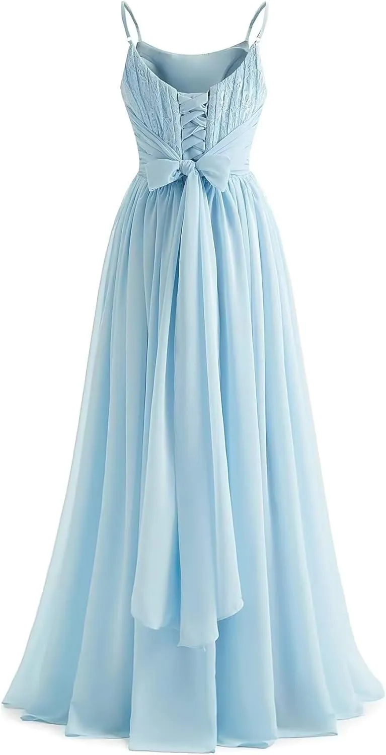 Spaghetti Strap Chiffon Bridesmaid Dresses for Women Long Lace Ruched Prom Dress A-line Formal Evening Party Gown