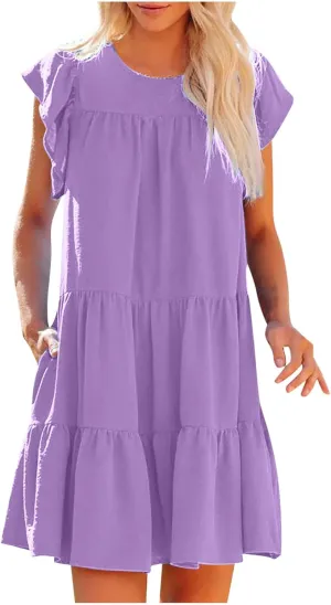 Spring Dresses for Women 2025 Summer Pleated Vacation Dresses Casual Crew Neck Short Sleeve Plus Size Midi Dresses