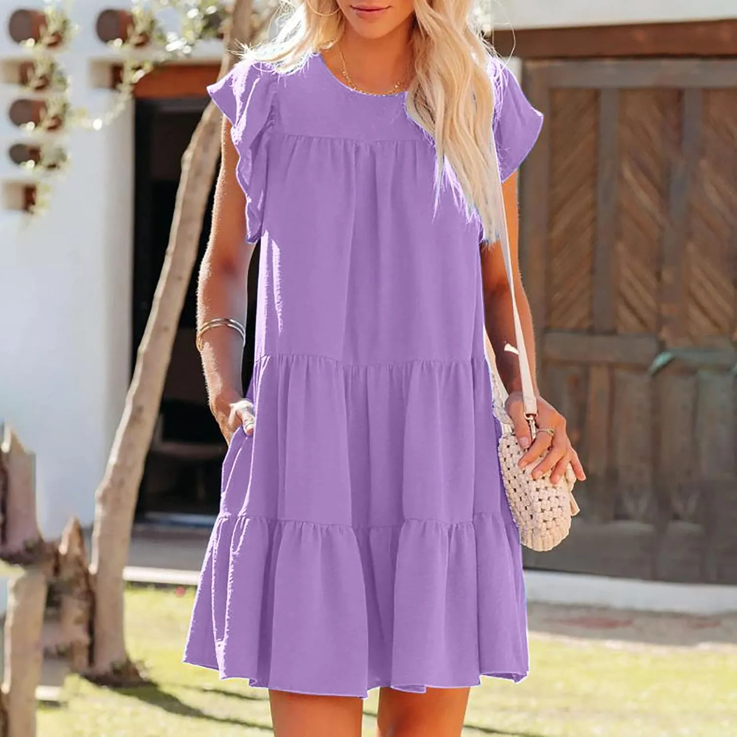 Spring Dresses for Women 2025 Summer Pleated Vacation Dresses Casual Crew Neck Short Sleeve Plus Size Midi Dresses