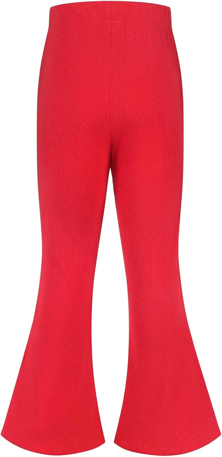 Spring&Gege Girls Ribbed Knit Bell Bottoms Flare Leggings Ruffle Bootcut Pants Casual Solid Fall Outfits (5-12 Years)
