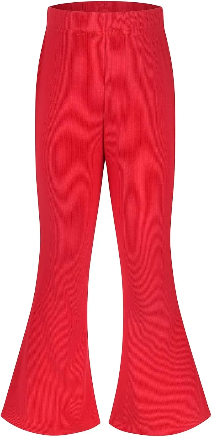Spring&Gege Girls Ribbed Knit Bell Bottoms Flare Leggings Ruffle Bootcut Pants Casual Solid Fall Outfits (5-12 Years)