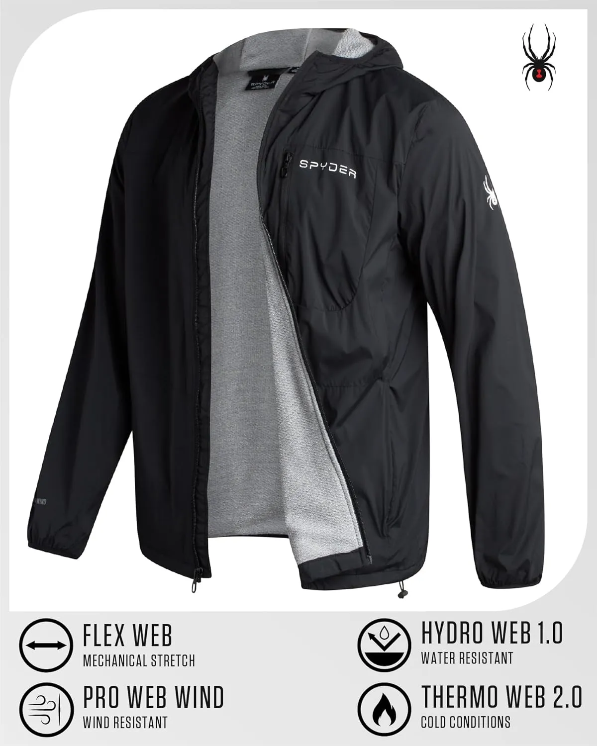 Spyder Mens Windbreaker Jacket - Lightweight Wind & Water Resistant Rain Coat for Men, Hooded Rain Jacket Men for Travel Golf