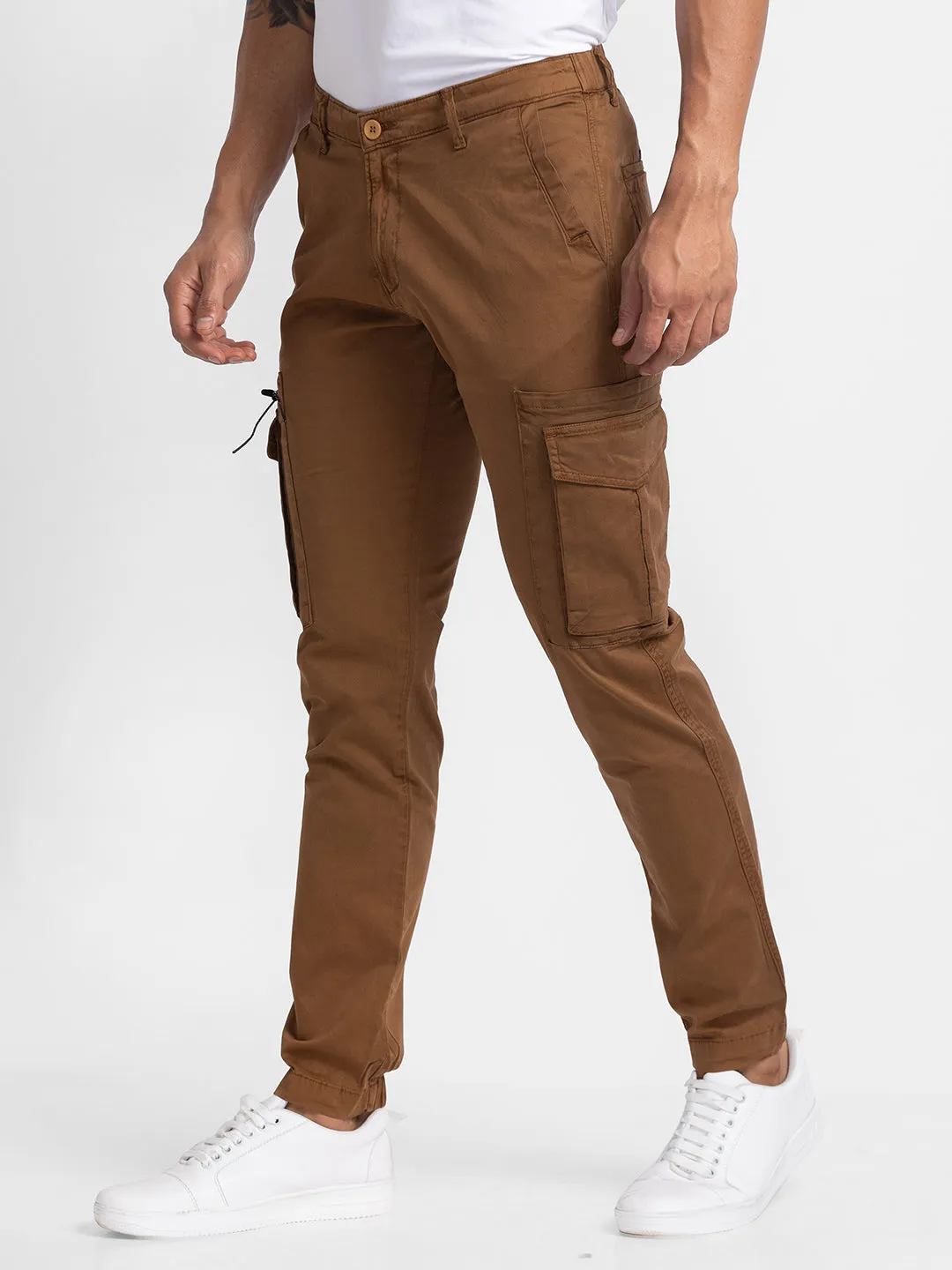 Spykar Mud Brown Cotton Slim Fit Regular Length Trousers For Men