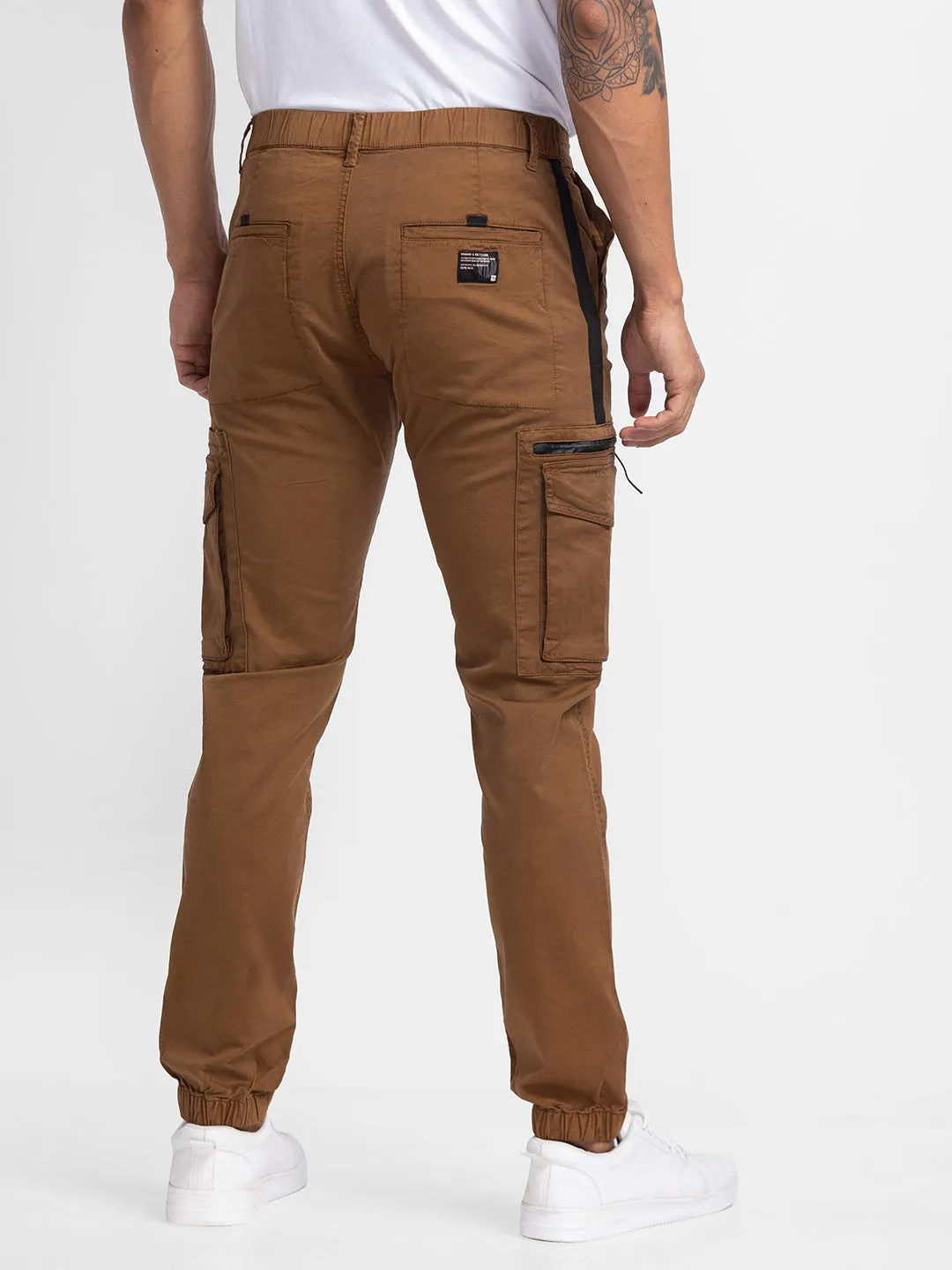 Spykar Mud Brown Cotton Slim Fit Regular Length Trousers For Men