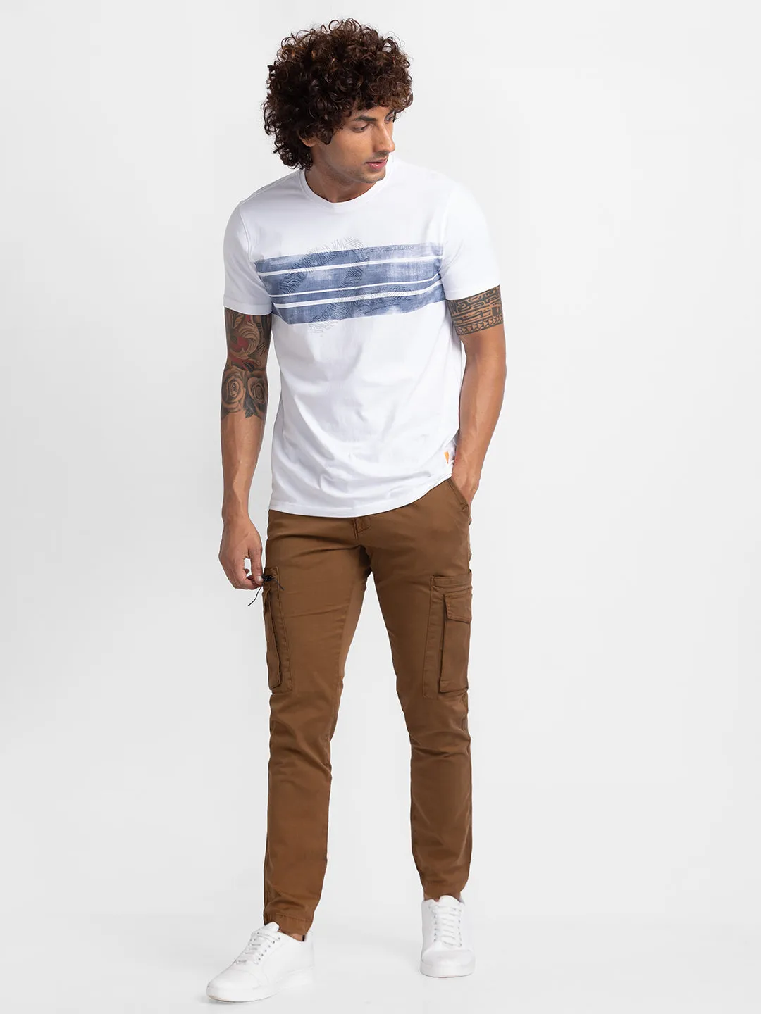 Spykar Mud Brown Cotton Slim Fit Regular Length Trousers For Men