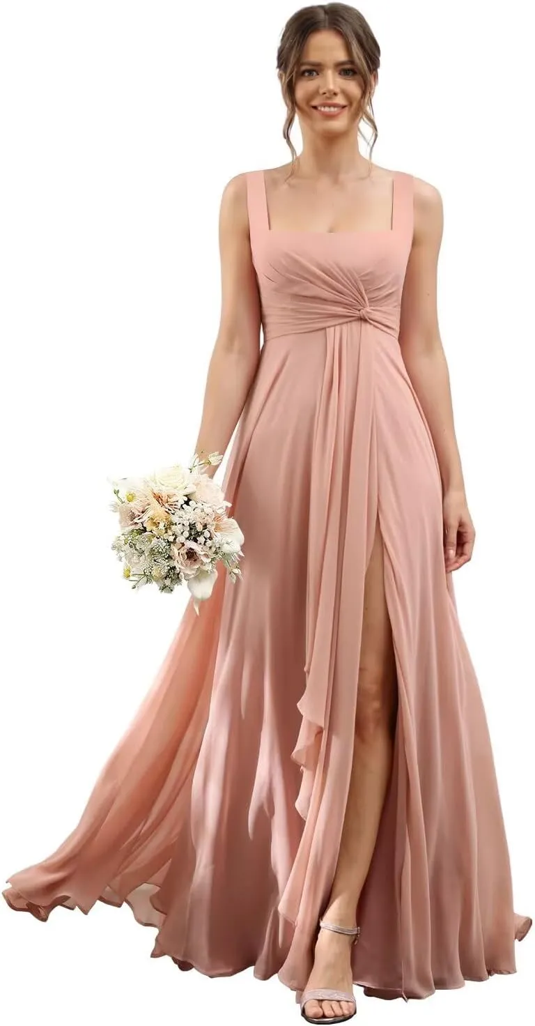 Square Neck Bridesmaid Dresses with Pockets A-Line Long Chiffon Spaghetti Strap Formal Party Dress with Slit RO037