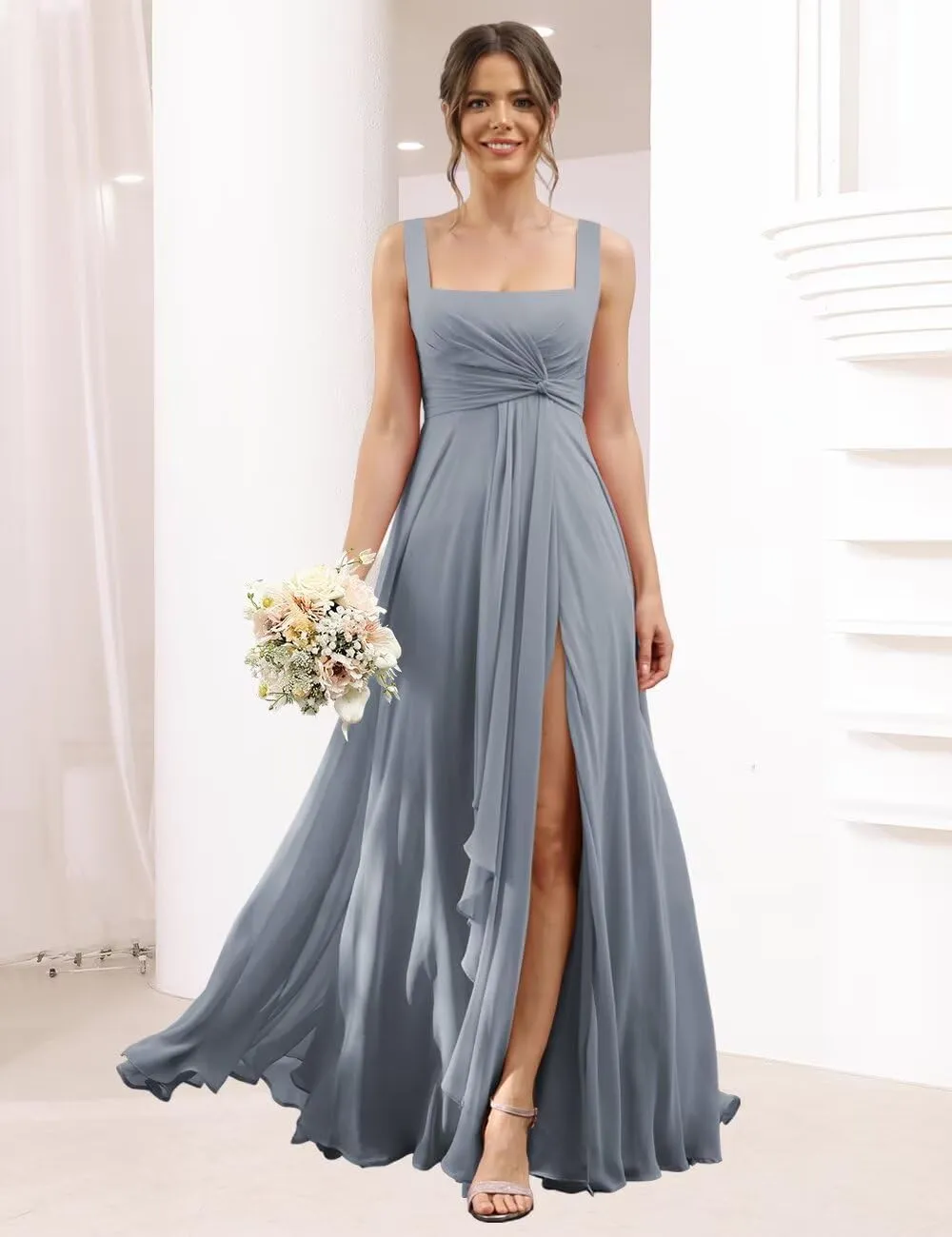Square Neck Bridesmaid Dresses with Pockets A-Line Long Chiffon Spaghetti Strap Formal Party Dress with Slit RO037