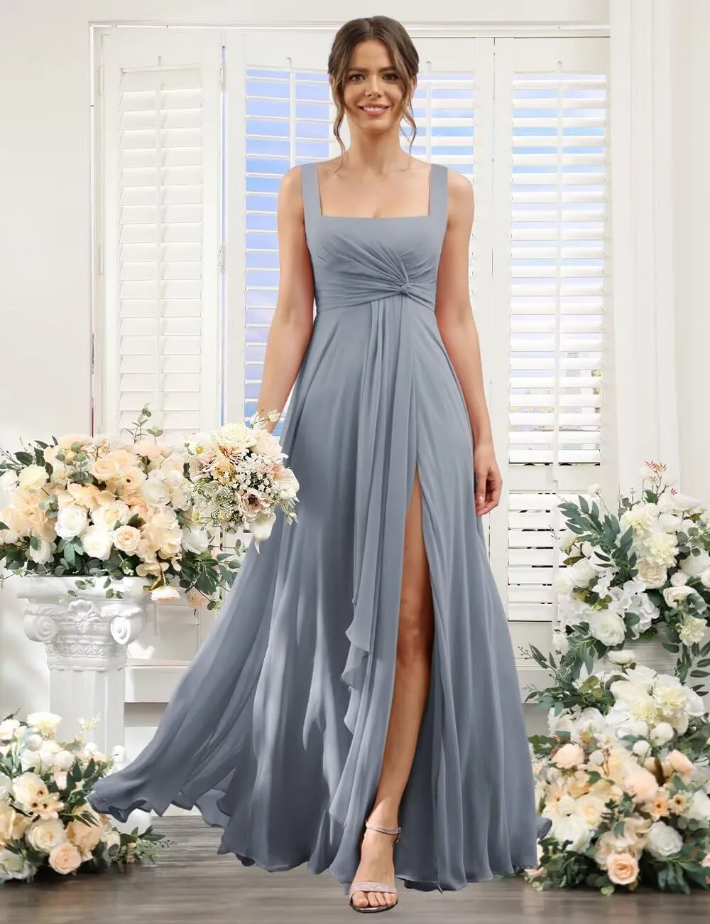 Square Neck Bridesmaid Dresses with Pockets A-Line Long Chiffon Spaghetti Strap Formal Party Dress with Slit RO037