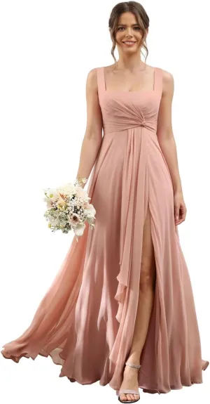 Square Neck Bridesmaid Dresses with Pockets A-Line Long Chiffon Spaghetti Strap Formal Party Dress with Slit RO037
