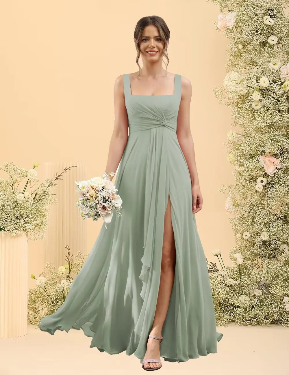 Square Neck Bridesmaid Dresses with Pockets A-Line Long Chiffon Spaghetti Strap Formal Party Dress with Slit RO037