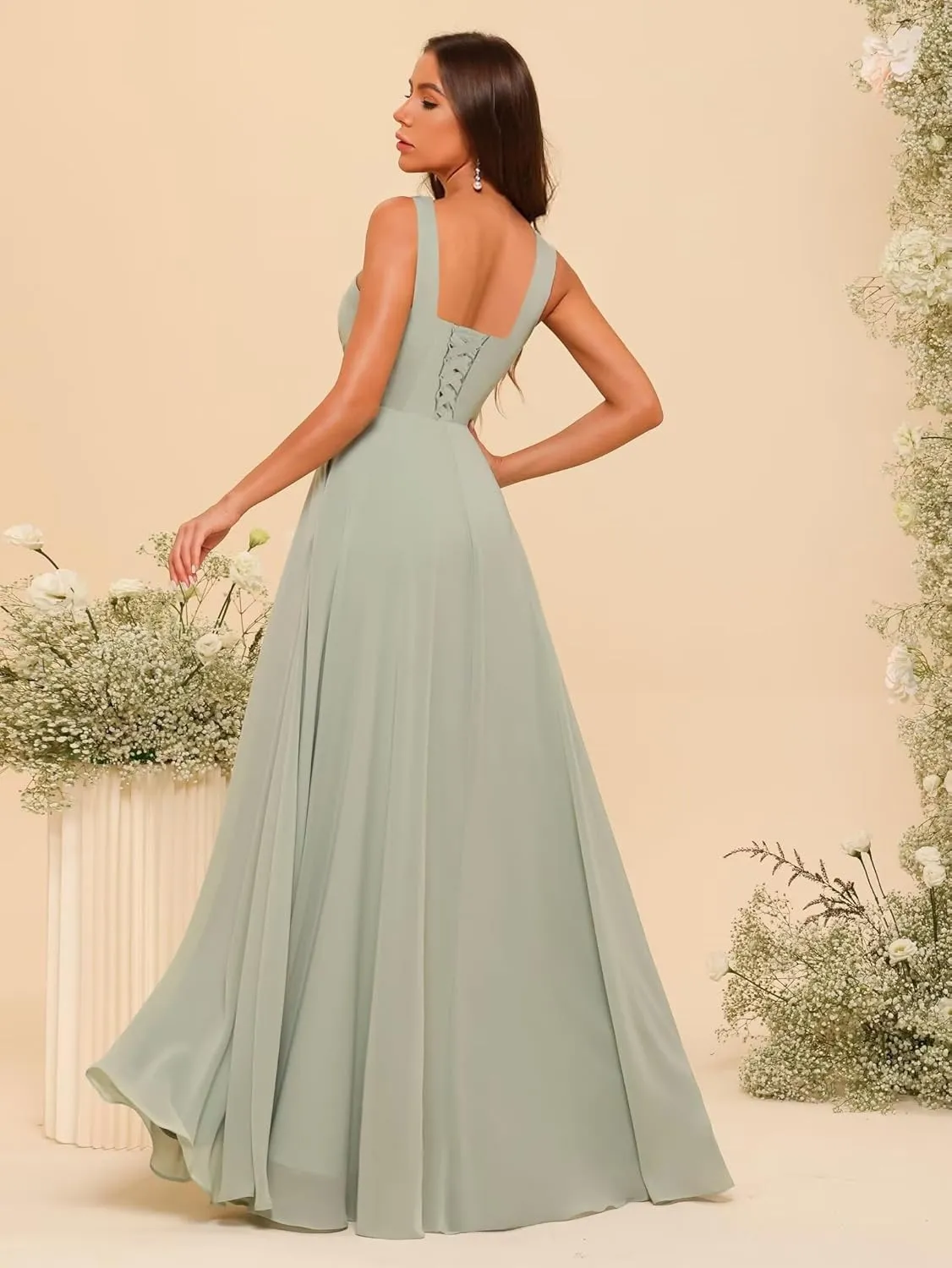 Square Neck Bridesmaid Dresses with Pockets A-Line Long Chiffon Spaghetti Strap Formal Party Dress with Slit RO037