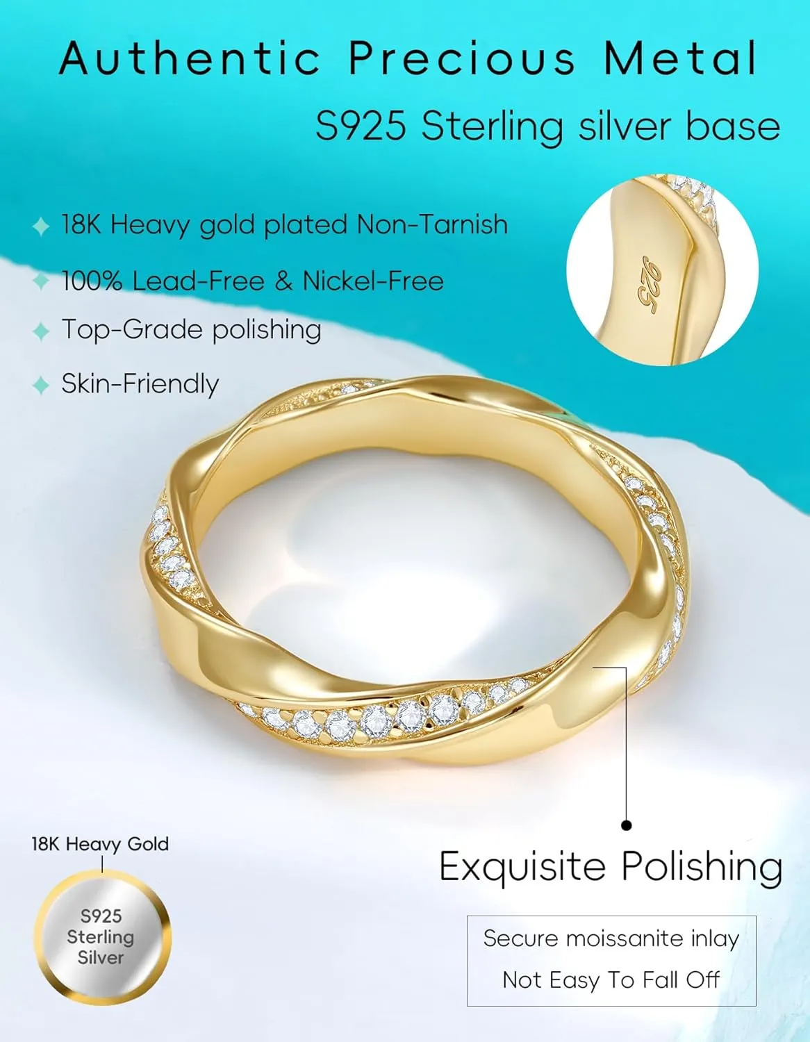 Stackable Eternity Band Rings for Women Wedding, Engagement, Promise, Anniversary Gifts, Premium Moissanite D Color VVS1 Clarity 3EX Cut, S925 Sterling Silver 18K Gold Plated Non Tarnish