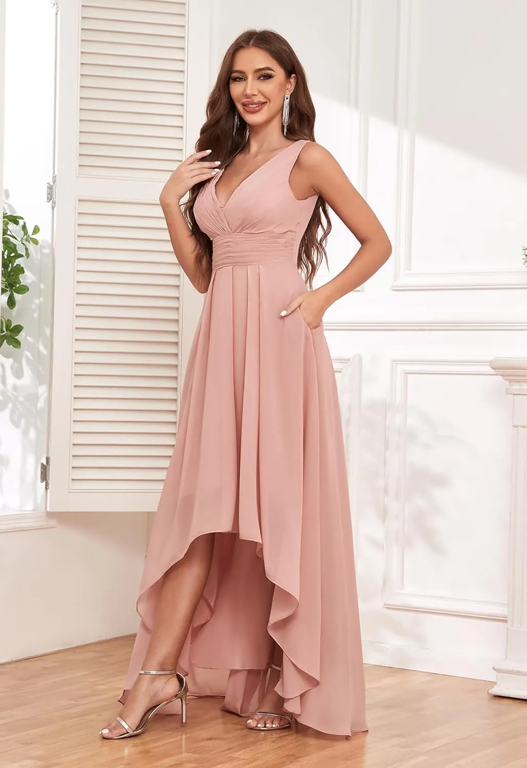 Sukleet Chiffon High Low Bridesmaid Dresses for Women with Pockets V Neck Ruched Formal Evening Dress