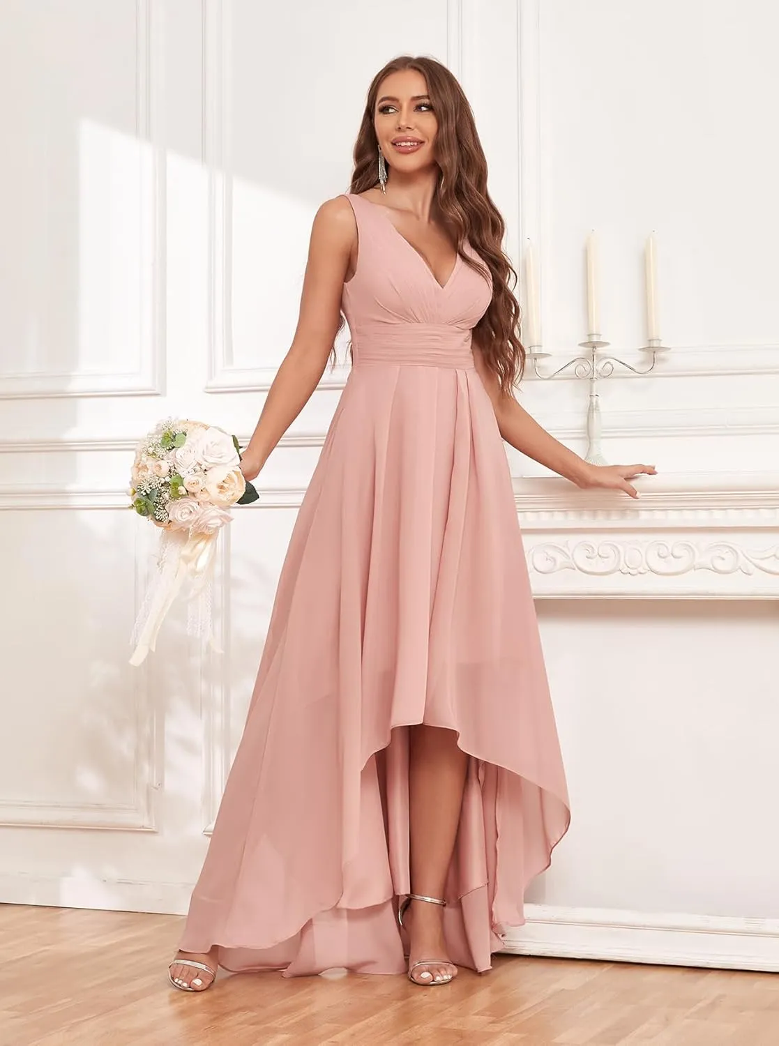 Sukleet Chiffon High Low Bridesmaid Dresses for Women with Pockets V Neck Ruched Formal Evening Dress