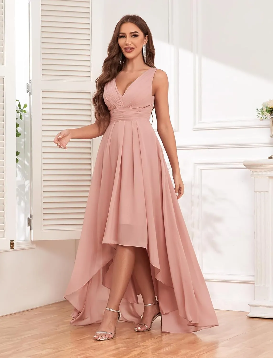 Sukleet Chiffon High Low Bridesmaid Dresses for Women with Pockets V Neck Ruched Formal Evening Dress